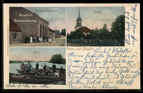 AK Mögelin, Gasthof Heinemann, Kirche, Havel