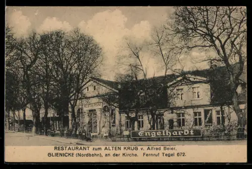 AK Glienicke /Nordbahn, Ortspartie mit Restaurant zum Alten Krug, Inh. Alfred Beier, Aussenbereich für Gäste
