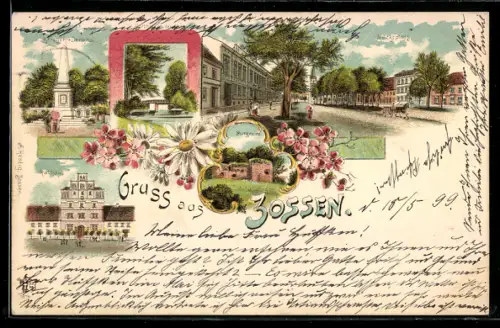 Lithographie Zossen, Burgruine, Marktplatz, Krieger-Denkmal