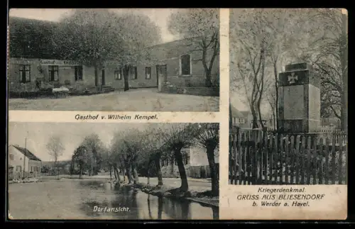 AK Bliesendorf b. Werder, Gasthof von Wilhelm Kempel, Dorfansicht, Kriegerdenkmal