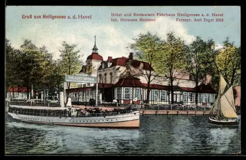 AK Berlin-Heiligensee /Havel, Hotel und Restaurant Fährhaus Heiligensee mit Ausflugsschiff