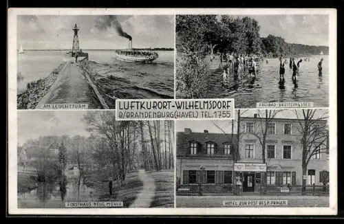 AK Wilhelmsdorf, b. Brandenburg, Hotel zur Post, Forsthaus Neue Mühle, Freibad Breitlingssee