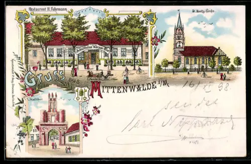 Lithographie Mittenwalde i. M., Restaurant H. Fuhrmann, Schultheiss Märzen-Bier, Stadttor, St. Moritz-Kirche