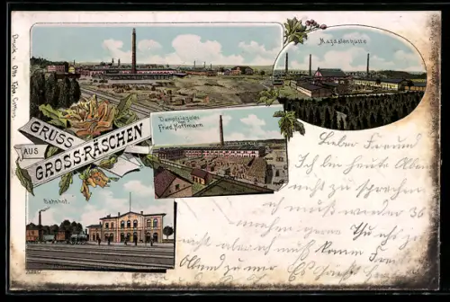 Lithographie Gross-Räschen, Bahnhof, Dampfziegelei Hoffmann, Magdalenhütte