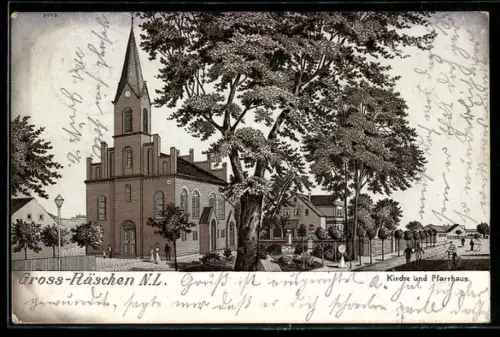 Lithographie Gross-Räschen / N.-L., Ortspartie mit Kirche und Pfarrhaus