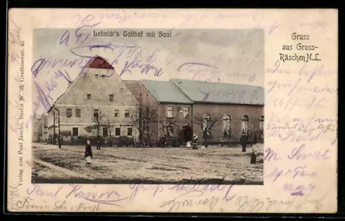 AK Gross-Räschen /N.L., Lehnick`s Gasthof mit Saal