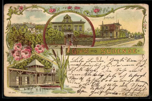 Lithographie Berlin-Steglitz-Südende, Restaurant-Müller, Bahnhof, Villa Spohnholz