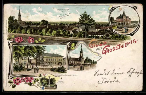 Lithographie Grossthiemig, Schmidt`s Geschäftshaus, Krieger-Denkmal, Postamt, Gesamtansicht des Ortes