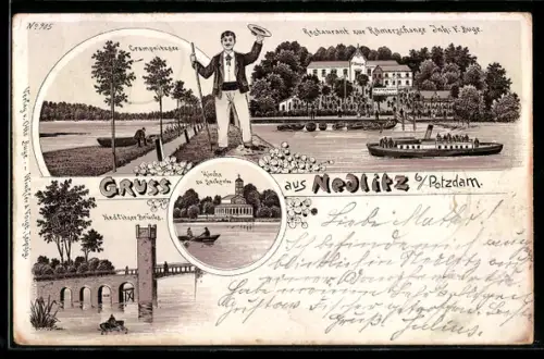 Lithographie Potsdam-Nedlitz, Restaurant und Römerschanze, Nedlitzer Brücke, Crampnitzsee