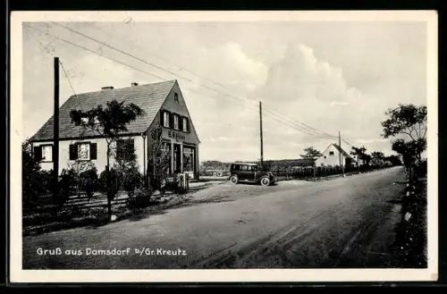 AK Damsdorf b. Gr. Kreutz, Kolonialwarenhandlung von Erich Gäbler, Automobil
