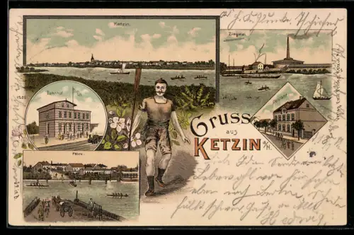 Lithographie Ketzin a. H., Bahnhof, Postamt, Fähre, Ruderer