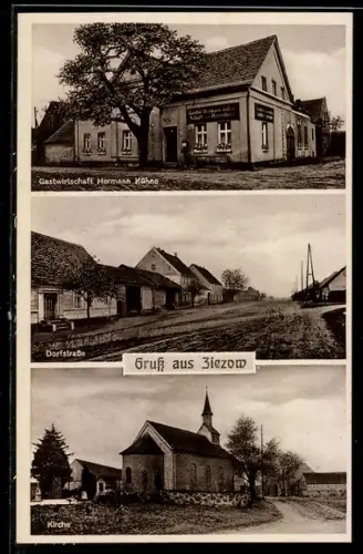 AK Zierow, Gasthaus von Hermann Kühne, Dorfstrasse, Ansicht der Kirche