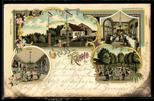 Lithographie Rauno, Gasthof M. Schnieder, Gesellschaftszimmer, Concertgarten, Saal