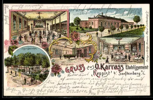 Lithographie Reppist b. Senftenberg, Restaurant von O. Karrass, Billardzimmer und Konzertgarten