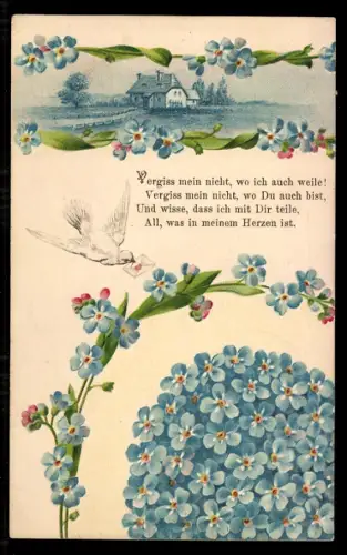Puzzle-AK 4 Karten, Herz aus Vergissmeinnicht umgeben von Brieftauben, Windmühle und Bauernhaus