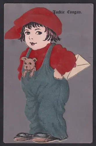 Filz-AK Schauspieler Jackie Coogan mit Latzhose und niedlichem Hund