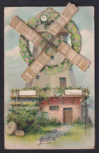 Mechanische-AK Windmühle mit beweglichem Rad, Datums- und Monatsanzeige