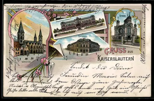 Lithographie Kaiserslautern, Gewerbemuseum, Synagoge und Stiftskirche