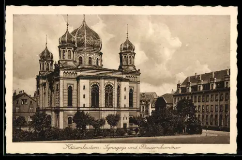 AK Kaiserslautern, Synagoge und Bauernkammer, Aussenansicht mit Gartenanlage