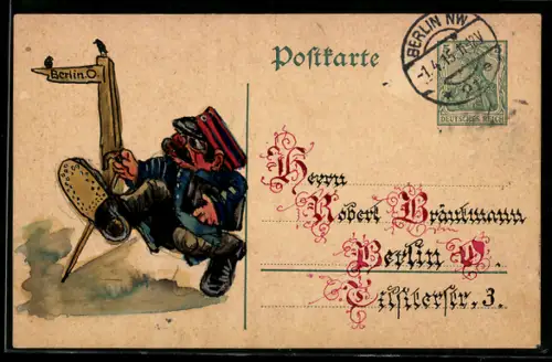 Künstler-AK Handgemalt: Postbote auf dem Weg nach Ostberlin