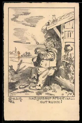 Künstler-AK Handgemalt: Vermenschlichter Igel ruht sich nach getaner Arbeit mit einer Pfeife aus