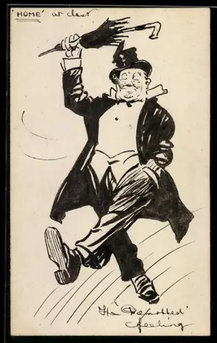 Künstler-AK Handgemalt: Mann im Frack, mit kaputtem Zylinder und Zigarre spaziert betrunken durch die Gegend