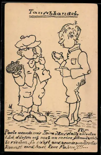 Künstler-AK Handgemalt: Junge will eine Taschenuhr gegen ein Stück Brot tauschen