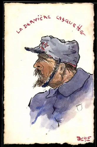 Künstler-AK Handgemalt: La dernière casquette, Soldat im Profil, französische Schützengrabenkunst