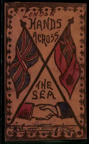 Leder-AK Hands Across teh Sea, Flaggen, Hände die sich schütteln