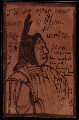 Leder-AK Person mit Feder im Haar, I`ll be after your scalp if you dont write soon