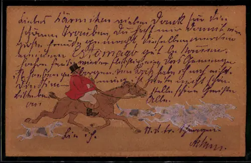 Leder-AK Mann reiter auf einem Pferd begleitet von Jagdhunden