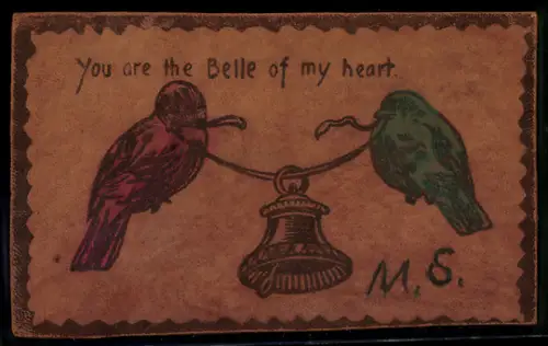 Leder-AK Zwei Vögel halten eine Glocke an einem Faden