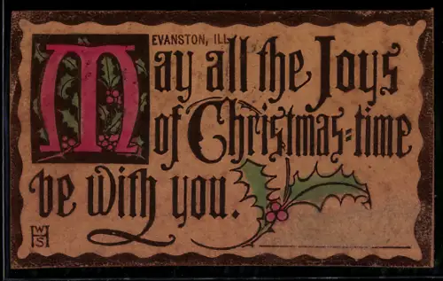 Leder-AK Buchstabe M mit Stechpalme verziert, Weihnachtsgruss