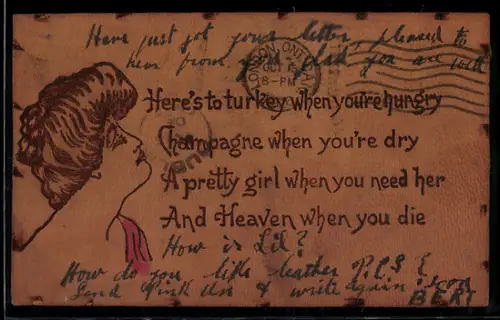 Leder-AK Profil einer eleganten Dame, Gedicht Here`s to turkey when you`re hungry, Champagne when you`re dry, ...
