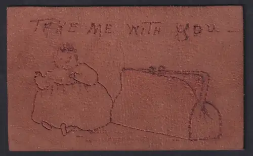 Leder-AK Person sitzt neben einer Tasche, Take me with you