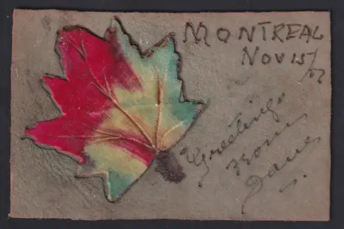 Leder-AK Buntes Blatt mit dunklem Umriss, Montreal