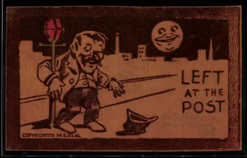 Leder-AK Betrunkener hält sich einem Laternenpfahl fest