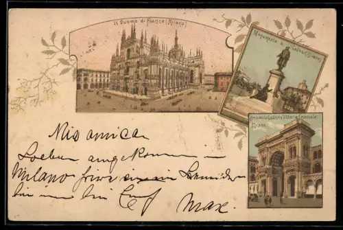 Vorläufer-Lithographie Milano, 1895, Duomo di Fianco, Monumento a Cavour, Arcodella Galleria Vittorio Emanuele