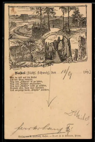 Vorläufer-Lithographie Bastei /Sächs. Schweiz, 1893, Hotel, Bastei-Brücke, Basteifelsen, Ganzsache