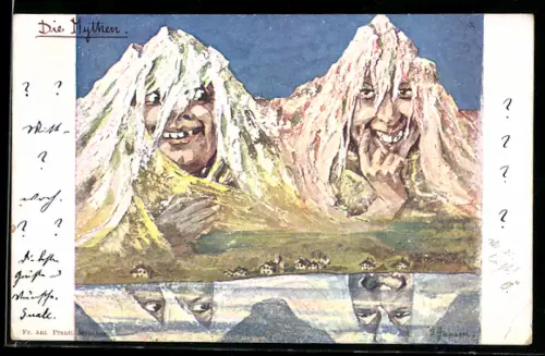 Künstler-AK sign. E. Hansen / Emil Nolde: Die Mythen mit lachenden Gesichtern, Berg mit Gesicht / Berggesichter