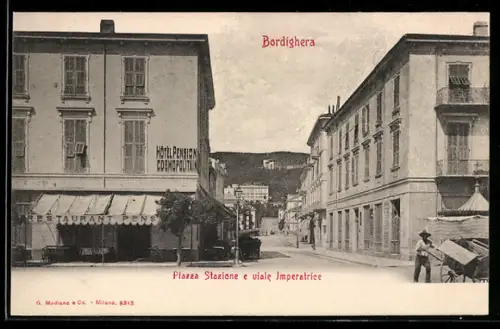 AK Bordighera, Piazza Stazione e viale Imperatrice
