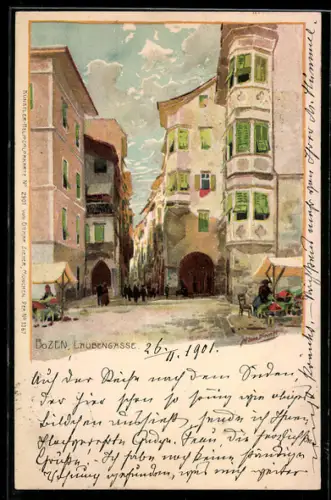 Künstler-AK Zeno Diemer: Bozen, Stände in der Laubengasse
