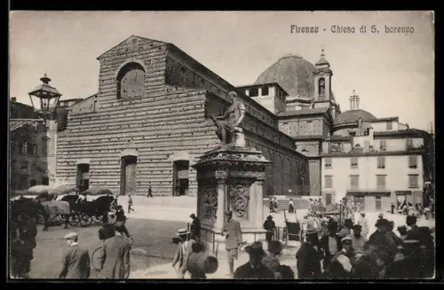 AK Firenze, Chiesa di S. Lorenzo con piazza animata e carrozza