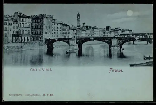 Mondschein-AK Firenze, Ponte S. Trinità e panorama cittadino al chiaro di luna