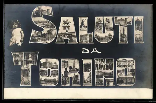 AK Torino, Collage di immagini iconiche con saluti dalla città