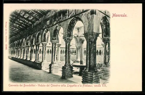 AK Monreale, Convento dei Benedettini, Veduta del Chiostro colla Loggetta e la Fontana: secolo XII