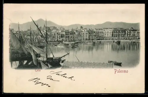AK Palermo, Cala, Vista del porto con barche a vela e edifici storici sullo sfondo