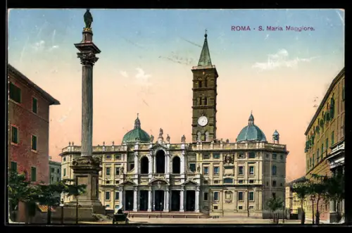 AK Roma, Basilica di S. Maria Maggiore con colonna monumentale sullo sfondo