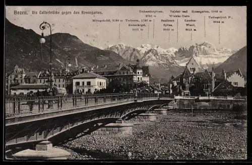 AK Bozen, Die Talferbrücke gegen den Rosengarten