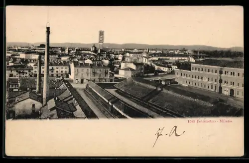 AK Milano, Veduta panoramica con ciminiera e architettura urbana
